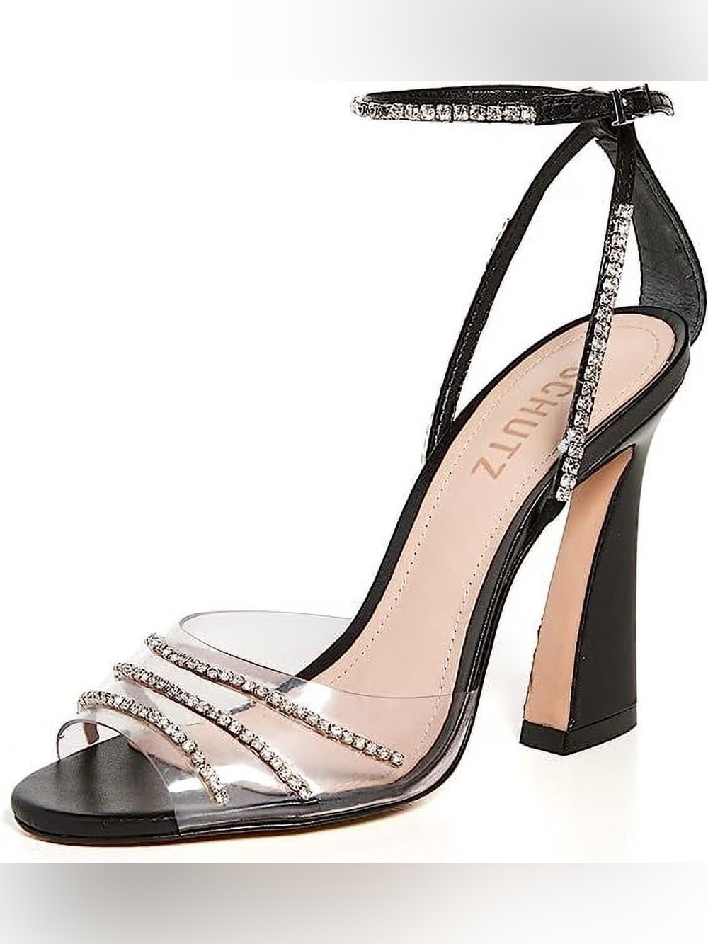 SCHUTZ Black and Clear Rhinestone Strap Heels